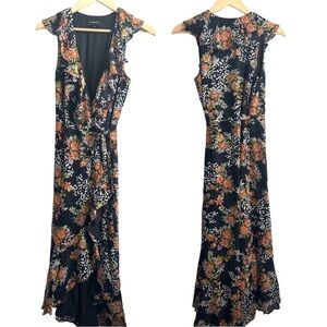 Yumi Kim Black and Orange Floral Midi Dress